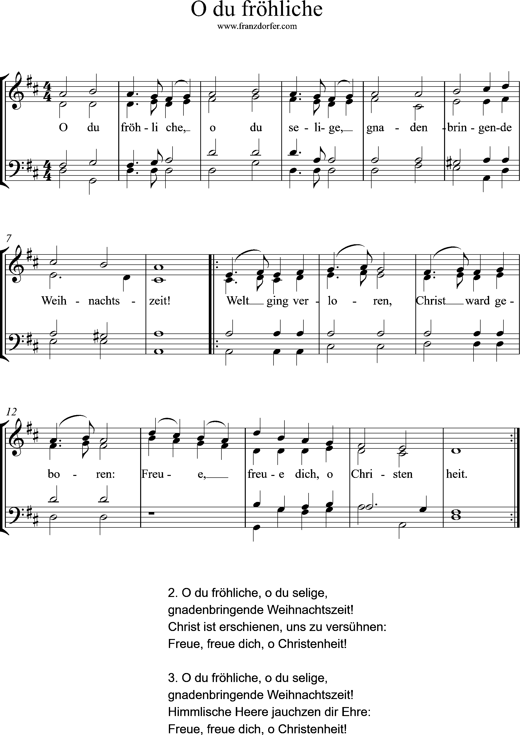 Chornoten, O du fröhliche, D-Dur, 4stimmig